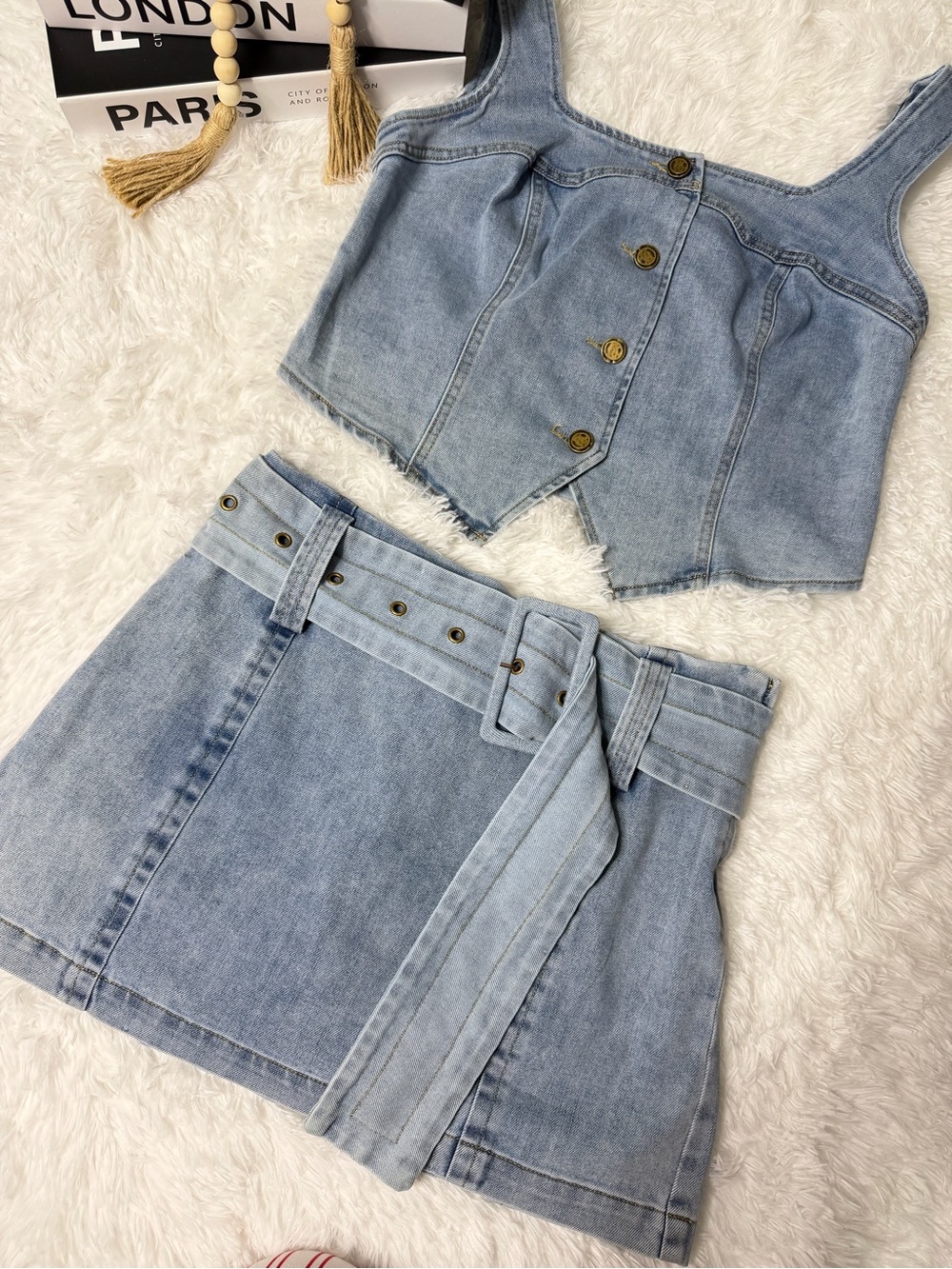 Light Wash Denim Mini Skirt with Belt - Women's Shorts